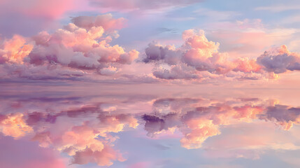 Obraz premium Reflective Sky with Fluffy Clouds. The clouds appear as a cotton-like formation