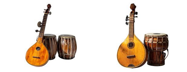 Naklejka premium Angled Composition of Sitar Leaning Against Tabla Drums, Indian Classical Music Concept, Isolated on White Background