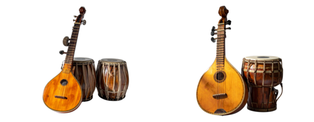  Angled Composition of Sitar Leaning Against Tabla Drums, Indian Classical Music Concept, Isolated on White Background