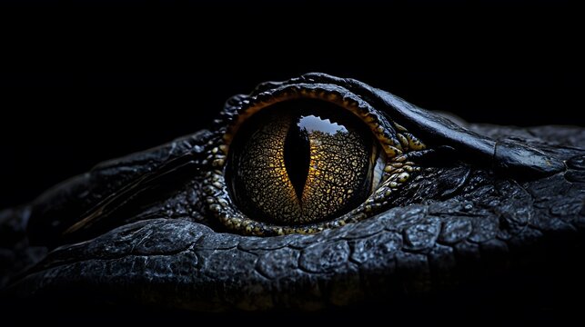The  shot features the eye of a reptile with striking detail; the textured scales and eye's golden hue create a captivating contrast against the deep black background that emphasizes the intense