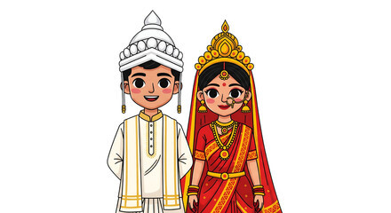 Obraz premium Cute Cartoon Indian Wedding Couple in Traditional Clothing Illustration