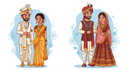 Cartoon Indian Wedding Couple, Traditional Attire, Illustration