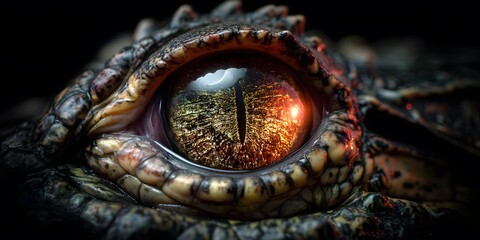 Naklejka premium Intense of a reptile eye, showcasing intricate textures and patterns. Vivid colors and strong lighting highlight the details within the eye, creating an intriguing and mesmerizing appearance.