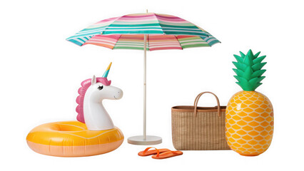 Summer beach accessories including a unicorn float, umbrella, pineapple, and bag isolated on transparent background