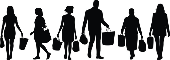 Shopping silhouette illustration, people walking with bags, consumer lifestyle vector, retail design artwork, urban commerce figure, isolated black human graphic