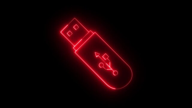 Glowing neon USB pendrive icon isolated on black background. USB Drive icon animation. Security, safety, protection concept. 4K Video motion graphic animation.