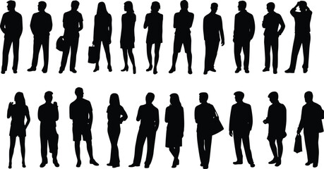 Standing people silhouette, casual and professional poses, human figure vector, lifestyle design, posture artwork, isolated black illustration, fashion concept