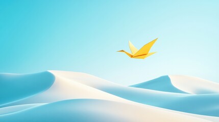 A vibrant yellow origami crane flies above smooth, white dunes under a bright sky, symbolizing creativity and freedom in a serene landscape.