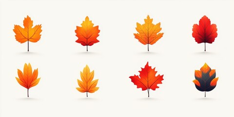 Fototapeta premium Eight Colorful Maple and Oak Leaf Illustrations on White Background Showcasing Seasonal Change.