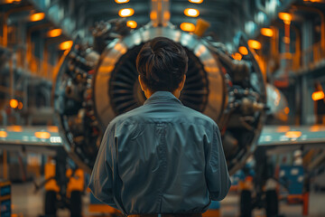 Obraz premium 航空機整備工場でエンジンを点検する日本人整備士の後ろ姿
