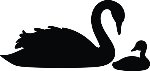 Swan silhouette illustration, elegant bird figure, graceful posture vector, nature design artwork, isolated black animal, beauty symbol, water reflection graphic