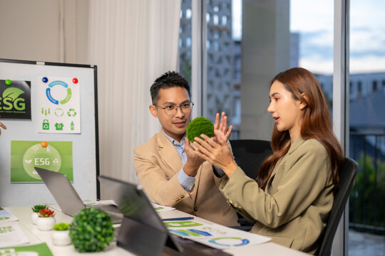 Business colleagues discussing esg strategy with green moss ball