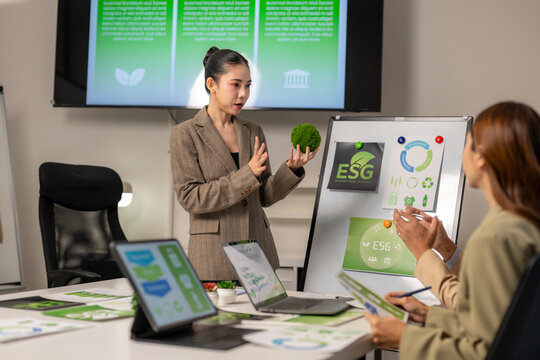 Businesswoman presenting esg concept with moss ball in meeting - Powered by Adobe
