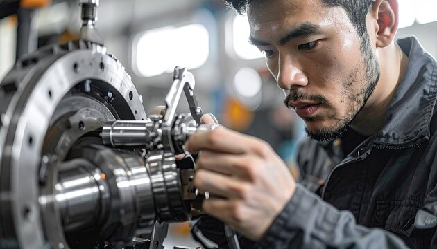 Focused Male Technician Inspecting Industrial Machinery