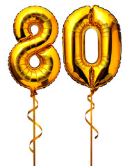 数字の80の形の金色の風船とリボン（Number 80 gold foil balloon on white background）
