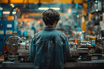 Naklejka premium 精密工作機械を操作する日本人技術者の後ろ姿と工場の現場風景