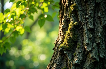 Obraz premium Close-up of tree bark with moss and sunlight filtering through green leaves in the background