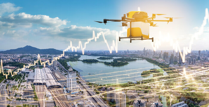 Drone flying over city with financial graph indicating growth