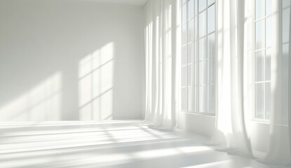 Fototapeta premium A bright, minimalist room with white walls and flowing curtains, showcasing soft shadows from large windows.