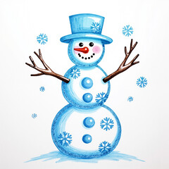 A funny children's drawing of a snowman wearing a hat with snowflakes.