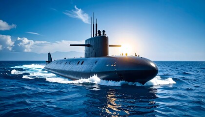 Modern Submarine Sailing on Ocean Under Bright Sun and Blue Sky