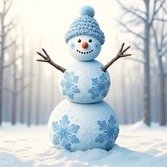 A snowman in a knitted hat, on a forest backdrop.