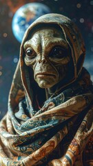 Grey Alien Portrait Wrapped in Tapestry Against Space Background