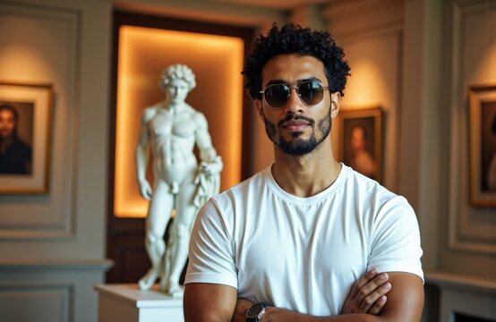 A man with sunglasses stands confidently in an art gallery with classical sculptures and paintings