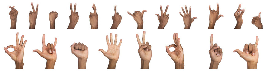 Hand gesture set with peace, ok, shaka, and rock signs. Black skin male making various expressive