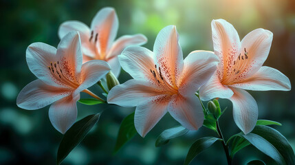 Fototapeta premium Close-up of elegant peach and white spotted lilies blooming gracefully in soft morning light against serene dark green garden background