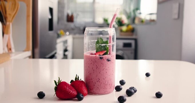 Smoothie, drink and timelapse in kitchen with healthy liquid, nutrition or protein shake. Home, beverage stop motion and organic ingredients for weight loss, breakfast juice or meal replacement