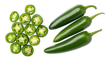 Whole and sliced jalapeo peppers isolated on transparent background
