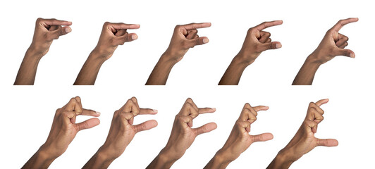 Hand hold gesture with thumb and index finger showing small and large sizes. Black skin male making