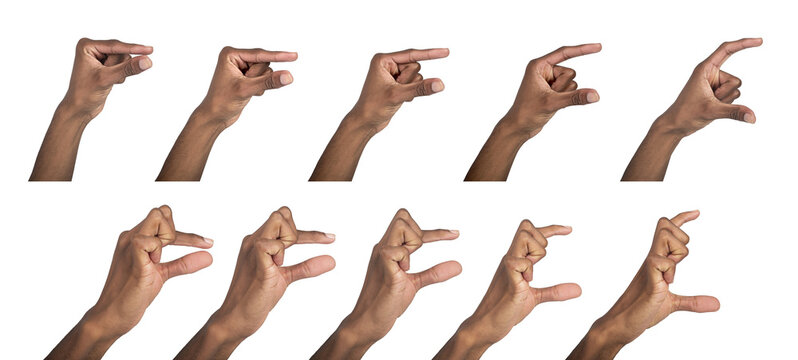 Hand hold gesture with thumb and index finger showing small and large sizes. Black skin male making
