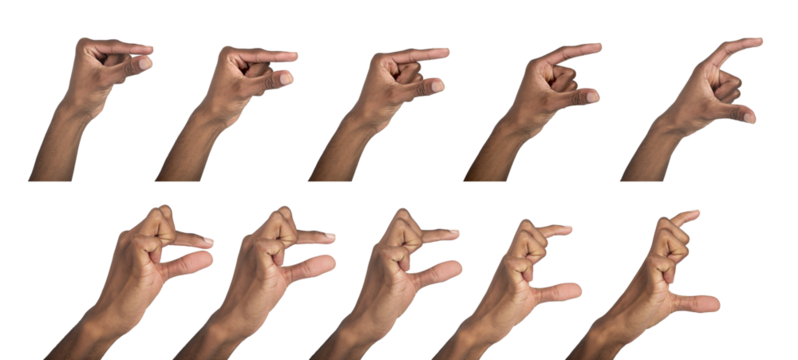 Hand hold gesture with thumb and index finger showing small and large sizes. Black skin male making