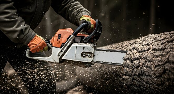 lumberjack cutting tree trunk with powerful chainsaw