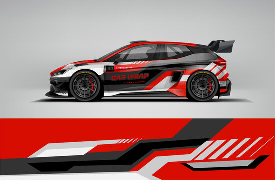 Red livery car wrap design with black and white geometric motion stripes. Delivered in editable vector EPS format.