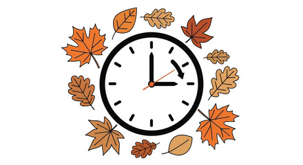 Autumn Time Change Illustration Clock Hands Turning Back Surrounded by Falling Leaves Symbolizing Daylight Saving Time Ending