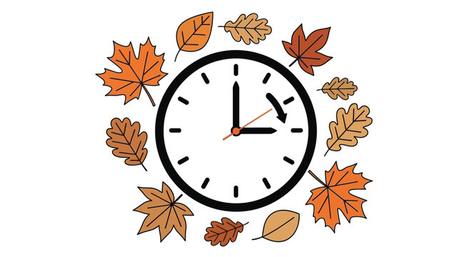 Autumn Time Change Illustration Clock Hands Turning Back Surrounded by Falling Leaves Symbolizing Daylight Saving Time Ending