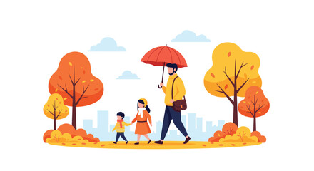 A peaceful autumn stroll with family through golden city park under a cozy umbrella, creating heartwarming memories and enjoying the colorful fall season