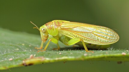 Close-up of a tiny leafhopper resting on a fresh green leaf, showing its delicate body, transparent wings and intricate details. The insect blends with natural foliage, representing nature, wildlife, 