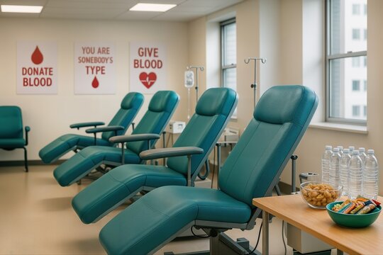 Blood Donation Center Interior Featuring Row Of Empty Reclining Chairs With Motivational Posters On The Wall In A Brightly Lit Room