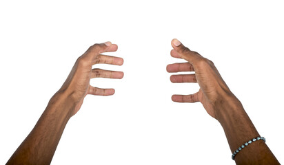 Hand holding pose with open palms and curved fingers as if gripping object. Black skin male making