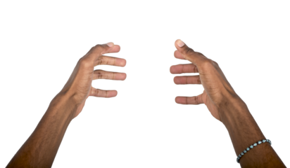 Hand holding pose with open palms and curved fingers as if gripping object. Black skin male making