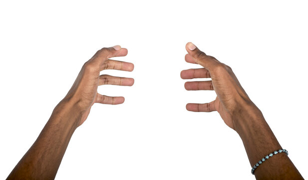 Hand holding pose with open palms and curved fingers as if gripping object. Black skin male making