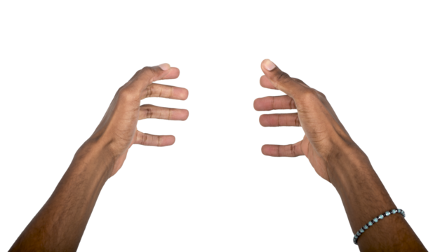 Hand holding pose with open palms and curved fingers as if gripping object. Black skin male making
