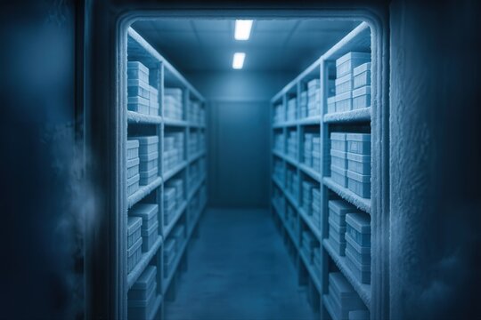 Chilled Bio Storage Room With Stacked Boxes on Metal Shelves in a Dimly Lit Environment With Frosty Surfaces and Blue Tinted Lighting