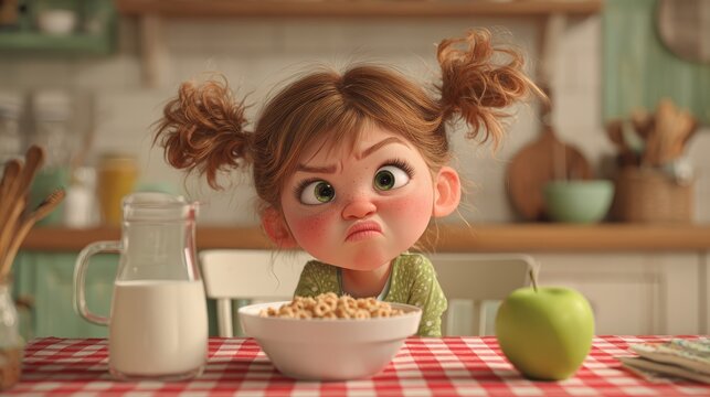 Playful child pulling a funny face while eating cereal with milk, adorable morning scene in rustic kitchen, joyful childhood breakfast moment full of humor and happiness
