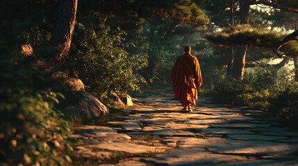 A monk in an orange robe walks barefoot on a stone path in warm morning light