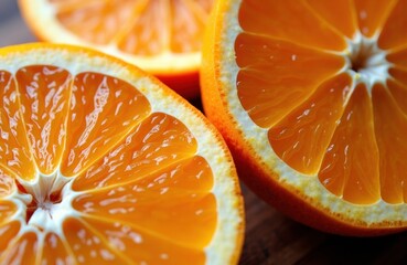 Juicy orange slices showing vibrant color and fresh texture on a wooden surface